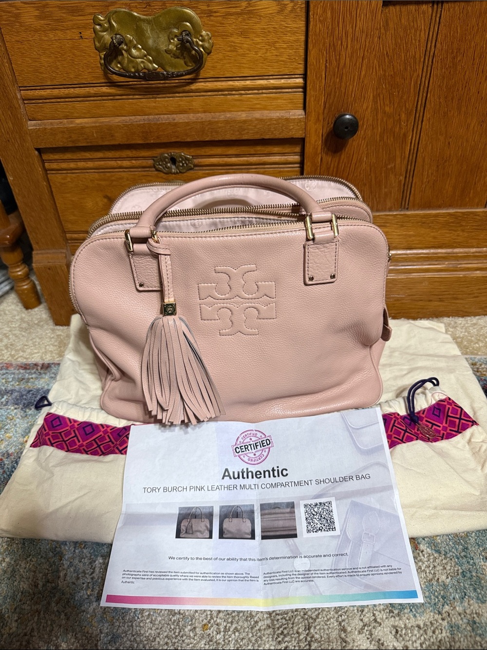 Tory Burch Pink Leather Multi-Compartment zip top closure handbag